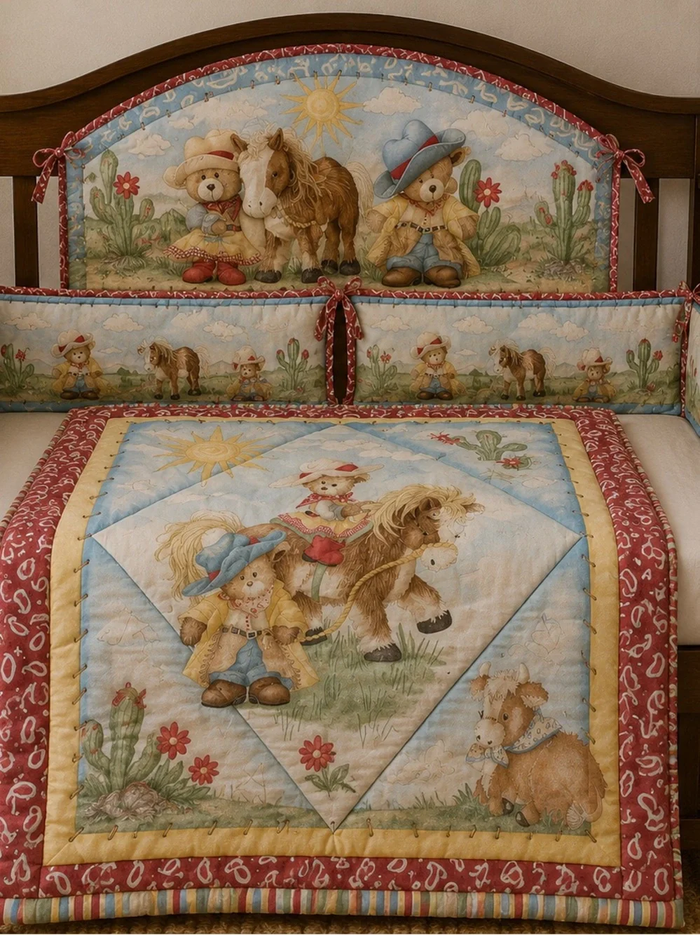 VTG 2005 Dolly Inc 3D Plush Cowboy Teddy Bear 3Pc Nursery Bedding Set Jan Marie